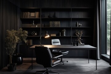 Poster - dark office interior with wooden walls, concrete floor, black computer desk and bookcase. 3d renderi