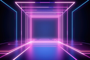 Poster - Abstract neon light tunnel in pink and blue color. Futuristic background. Cyberpunk style