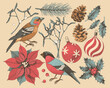 Big vector set of hand drawn winter flora and fauna