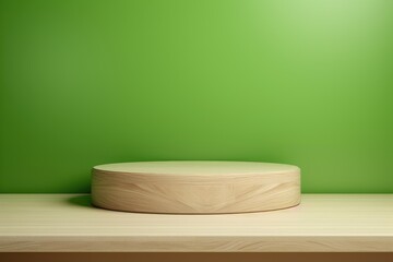 Poster - Wooden podium in green clean room. Minimalism background for products cosmetics, food or jewellery
