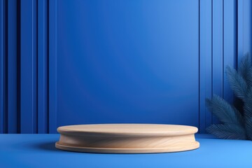 Poster - Christmas wooden podium in blue clean room. Minimalist background for products cosmetics, food or jewellery