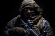 portrait of a special forces soldier with assault rifle on black background, A fully equipped soldier in a tactical net scarf and with a sniper rifle, black background, anonymous face, AI Generated