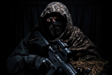 Wall Mural - Armed man in a mask with a machine gun on a black background, A fully equipped soldier in a tactical net scarf and with a sniper rifle, black background, anonymous face, AI Generated
