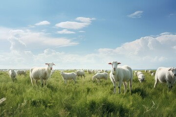 Sticker - Herd of sheep grazing in a green meadow on a sunny day, a herd of white goats grazing peacefully in a lush green meadow under the open sky, AI Generated