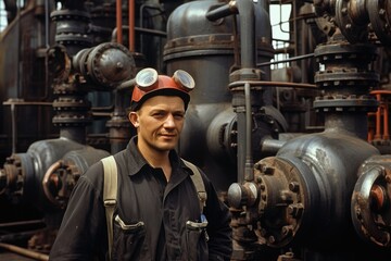 Aufkleber - Portrait of a worker in a gas processing plant. Industrial background, A man in a uniform and a helmet, near the valve of pipes at a gas mining plant, AI Generated