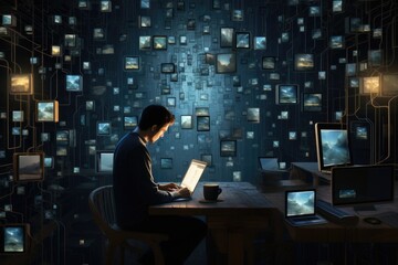 Poster - Man in dark office using laptop and digital tablet with binary code concept, A man is working among many screens, AI Generated