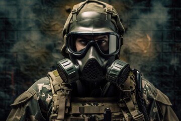 Wall Mural - Portrait of a special forces soldier in gas mask. Military concept, A modern elite soldier fully geared up with special equipment, face covered with a gas mask, AI Generated