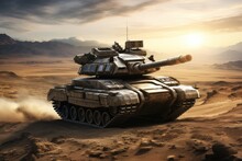 Heavy Tank In The Desert At Sunset. 3d Render Illustration, A Modern Military Tank Running In A Desert, AI Generated