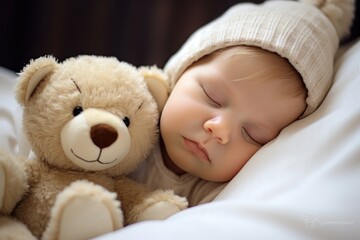 Wall Mural - Cute little baby sleeping in bed with teddy bear toy, A newborn baby sleeping with a teddy bear on a comfy white bed, AI Generated