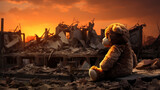 Fototapeta Most - Children's soft toy bear is located among ruins of residential buildings at sunset. Strong, emotional image of consequences of war, reminiscent of vitality and optimism in most difficult situations.