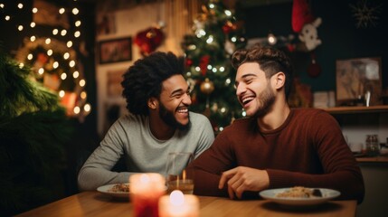 Poster - romantic male couple,two gay men have conversation,christmas decoration on background