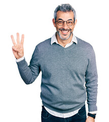 Wall Mural - Middle age hispanic with grey hair wearing glasses showing and pointing up with fingers number three while smiling confident and happy.