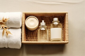Poster - A wicker basket containing a bottle of lotion and a bottle of lotion. Ideal for skincare product promotions