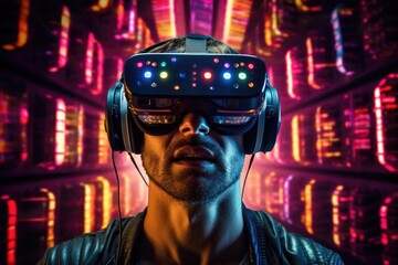 Poster - A man is seen wearing a pair of virtual glasses. This image can be used to depict the concept of virtual reality or technology