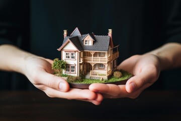Poster - A person holding a miniature house in their hands. Perfect for real estate, home ownership, and housing concepts