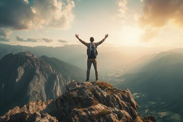 Aufkleber - A man standing triumphantly on the top of a mountain, raising his hands in the air. Perfect for conveying a sense of accomplishment and success.