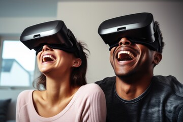 Poster - A man and a woman are pictured wearing virtual reality headsets. This image can be used to illustrate the concept of virtual reality technology and its applications