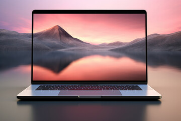 Poster - A laptop computer placed on top of a table. Suitable for technology, work, and office-related themes