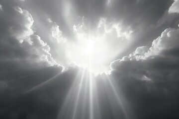 Poster - A black and white photo capturing the sun shining through the clouds. Suitable for various uses