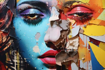 Aufkleber - A close-up view of a woman's face with torn pieces of paper. This image can be used to represent emotions, personal growth, or the concept of overcoming obstacles