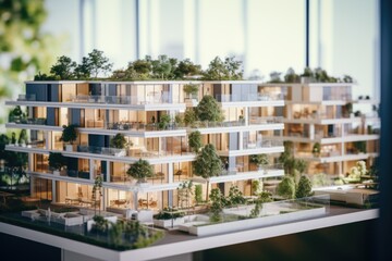 Aufkleber - A model of a building with trees on top. Can be used to represent eco-friendly architecture or urban green spaces.