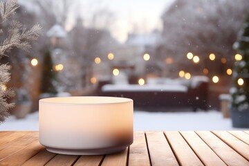 Aufkleber - A simple yet serene image of a lit candle placed on top of a wooden table. Perfect for creating a cozy atmosphere or adding a touch of warmth to any setting