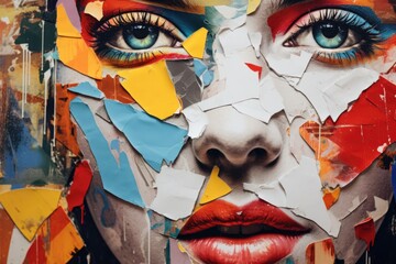 Aufkleber - A close-up view of a woman's face with torn pieces of paper. This image can be used to represent emotions, identity, or the concept of self-discovery
