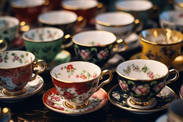Aufkleber - Cups and saucers arranged neatly on a table. Suitable for various occasions and events