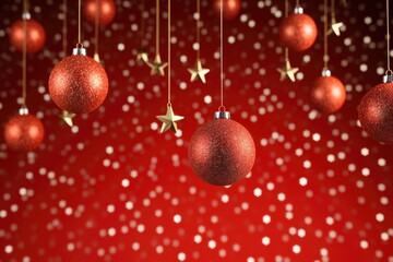 Poster - A festive arrangement of red Christmas balls suspended from strings. Perfect for holiday decorations and festive designs