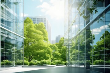 Poster - A view of a city captured from inside a glass building. Perfect for architectural, urban, and corporate themes