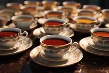 Aufkleber - Cups and saucers arranged neatly on a table. Ideal for use in cafes, restaurants, or home decor