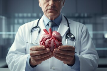 Poster - A doctor is shown holding a model of a heart. This image can be used to illustrate medical concepts or to accompany articles and blogs related to cardiology and heart health