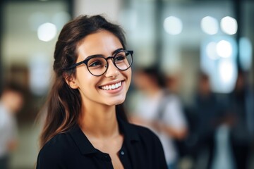 Poster - A woman with glasses smiling at the camera. Suitable for professional and casual settings