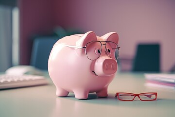 Poster - A pink piggy bank sitting on top of a desk. Can be used to illustrate concepts of savings, finance, or budgeting