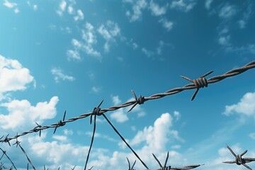 Poster - A picture of a barbed wire fence against a backdrop of a clear blue sky. This image can be used to symbolize security, boundaries, or confinement