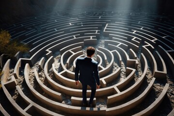 Poster - A man dressed in a suit stands confidently in front of a maze. This image can be used to represent challenges, problem-solving, decision-making, or finding the right path