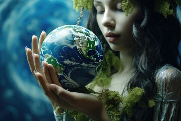 Poster - A woman holding a globe in her hands. Perfect for educational and environmental concepts