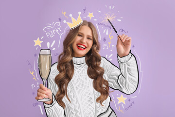 Poster - Beautiful young woman with Christmas sparkler and champagne on lilac background