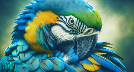 Wall Mural - ai-generated illustration of a beautiful blue-and-yellow macaw grooming its feathers