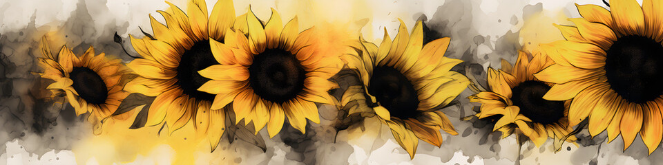 Wall Mural - ink and water sketch of sunflowers background banner