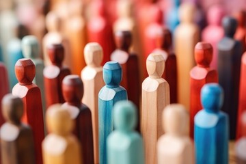 Poster - A group of wooden people standing next to each other. Perfect for illustrating teamwork, unity, and collaboration.