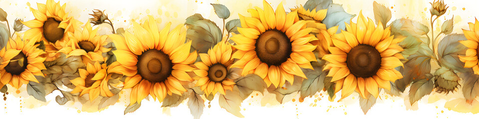 Wall Mural - ink and water sketch of sunflowers background banner