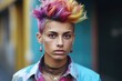 A picture of a young man with vibrant hair colors and various piercings. This image can be used to represent self-expression, alternative lifestyles, or modern youth culture