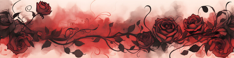 Wall Mural - ink and water sketch of rose flowers background banner