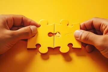 Fototapete - Two hands holding two pieces of a puzzle. Can be used to represent teamwork, problem-solving, collaboration, or finding solutions.