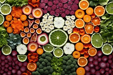 Poster - A variety of fruits and vegetables arranged in a circle. Perfect for healthy eating concepts or farm-to-table themes