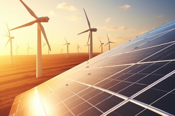 Poster - A picture showcasing solar panels and wind turbines in a field. This image can be used to highlight renewable energy sources and sustainable practices