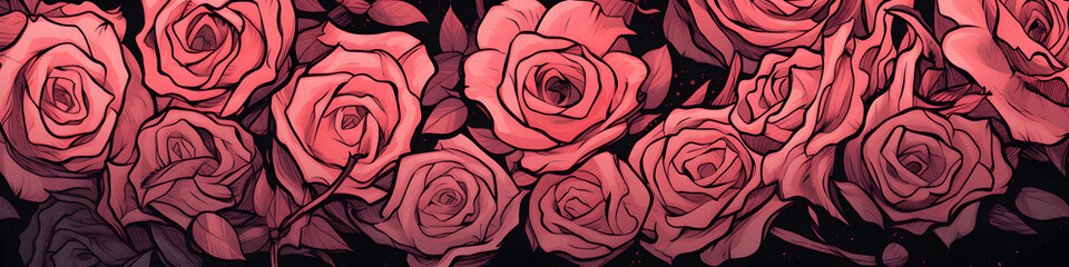 Wall Mural - ink and water sketch of rose flowers background banner