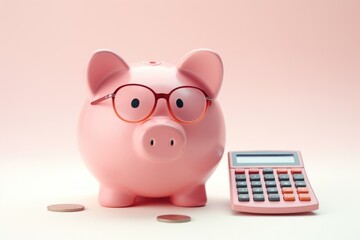 Poster - A cute pink piggy bank wearing glasses and a calculator nearby. Perfect for finance, savings, and budgeting concepts