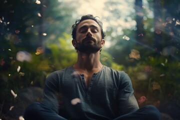 Poster - A man sitting in the middle of a forest. Suitable for nature-themed projects